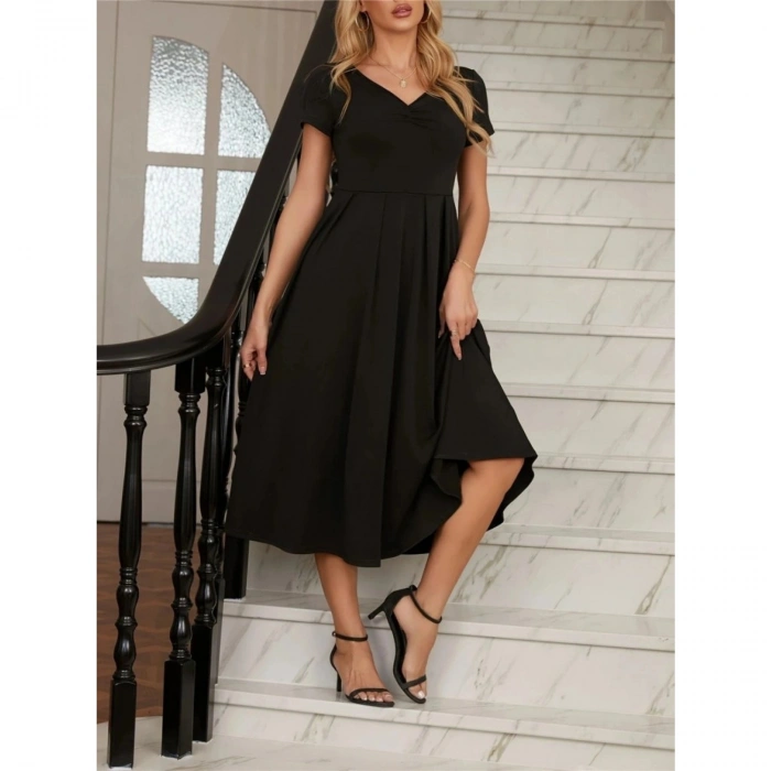 Kadın Kısa Kollu V Yakalı önden Pileli Midi Janjan Krep Elbise