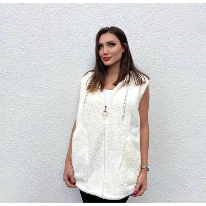 Kadın Kapüşon Ve Fermuar Detay Welsoft Kolsuz Yelek