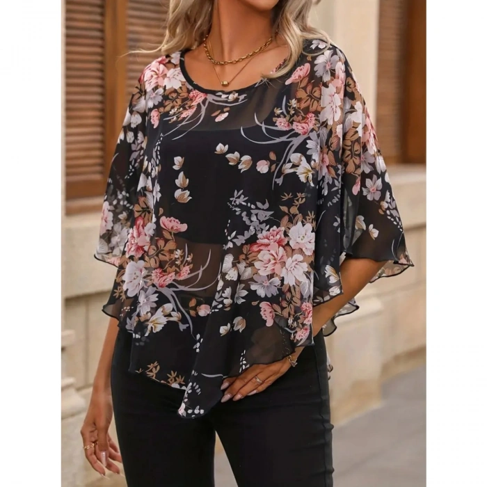 Kadın Kısa Kollu Yuvarlak Yaka çiçek Baskılı Asimetrik Kesim şifon Bluz