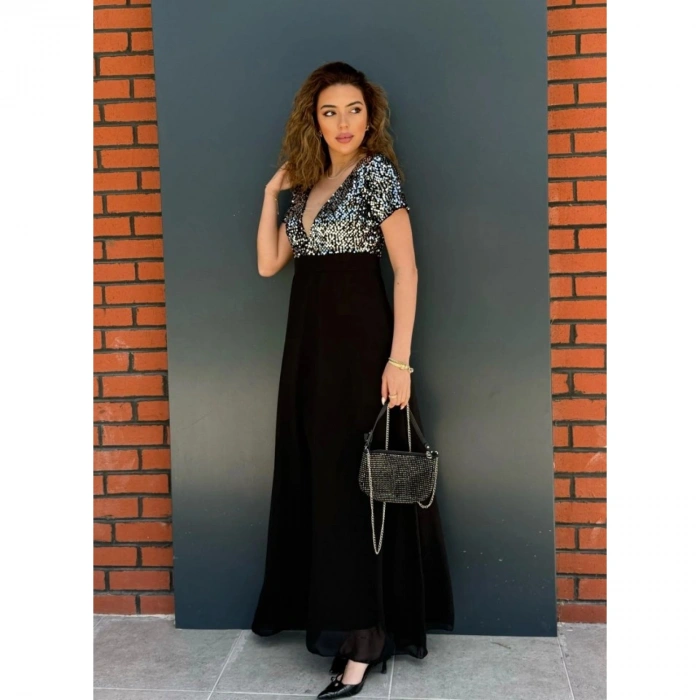 Kadın Kısa Kollu Derin V Yakalı A Kesim Pulpayet Detaylı şifon Nedime Elbisesi