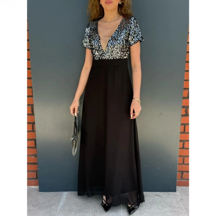 Kadın Kısa Kollu Derin V Yakalı A Kesim Pulpayet Detaylı şifon Nedime Elbisesi