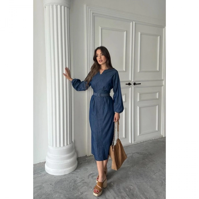 Mavi Tencel Uzun Kollu Elbise