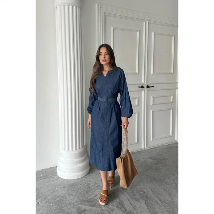 Mavi Tencel Uzun Kollu Elbise