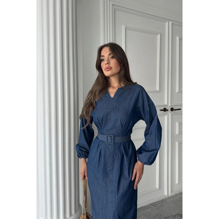 Mavi Tencel Uzun Kollu Elbise