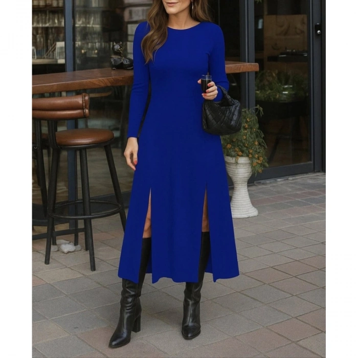 Kadın Uzun Kollu Hafif Kayık Yaka Sırt Dekolteli Yırtmaç Detaylı Viskon Tam Boy Elbise