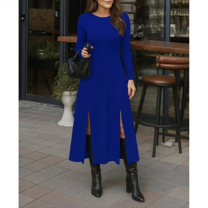 Kadın Uzun Kollu Hafif Kayık Yaka Sırt Dekolteli Yırtmaç Detaylı Viskon Tam Boy Elbise