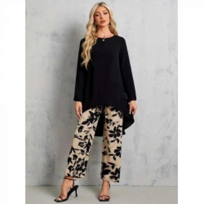 Kadın Uzun Kollu Bisiklet Yaka Asimetrik Kesim Detaylı Viskon Bluz Ve çiçek Desenli Iki Iplik Pantolon
