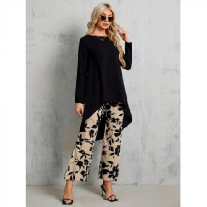 Kadın Uzun Kollu Bisiklet Yaka Asimetrik Kesim Detaylı Viskon Bluz Ve çiçek Desenli Iki Iplik Pantolon