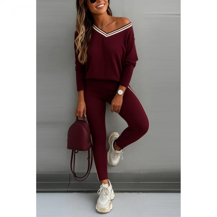 Kadın Uzun Kollu Tek Omuzu Açık Detaylı Viskon Iki Iplik Bluz Ve Pantolon Ikili Takım