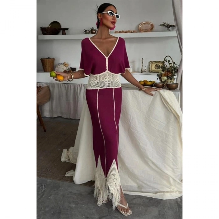 Dantel Desenli V Yaka Triko Elbise 2844