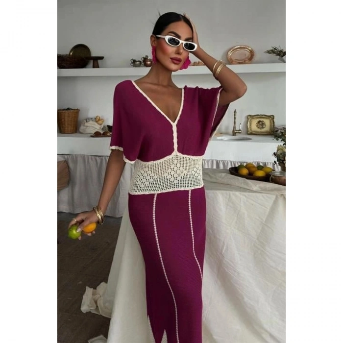 Dantel Desenli V Yaka Triko Elbise 2844