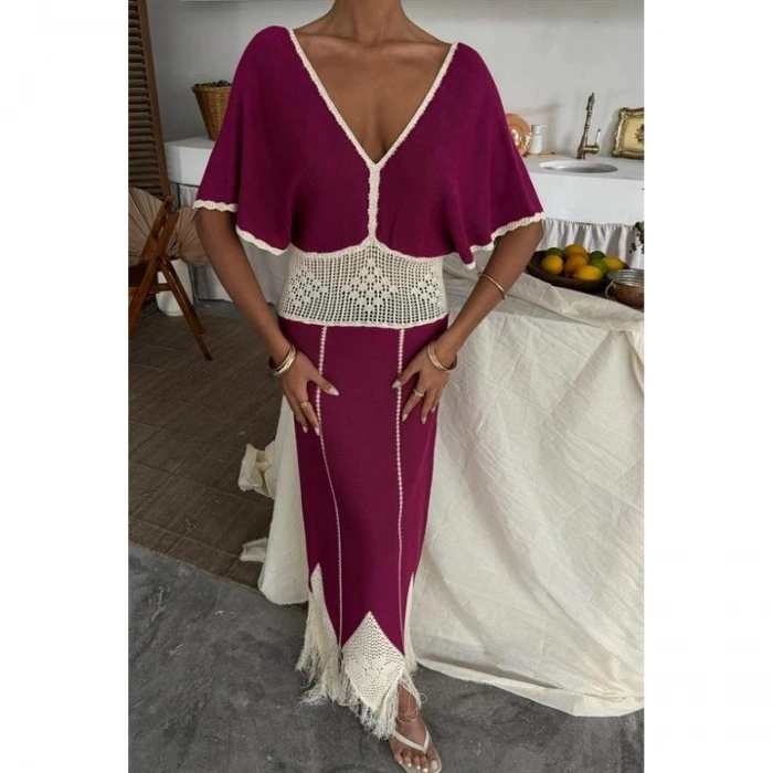 Dantel Desenli V Yaka Triko Elbise 2844