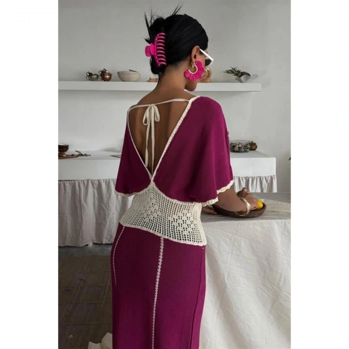 Dantel Desenli V Yaka Triko Elbise 2844