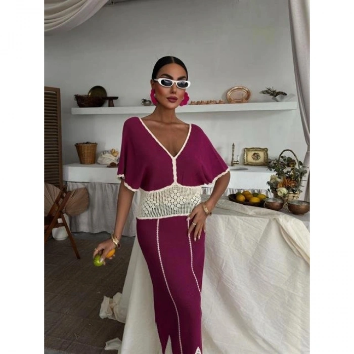 Dantel Desenli V Yaka Triko Elbise 2844