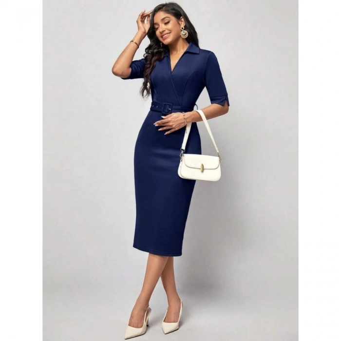 Kadın Kısa Kollu Yakalı Kruvaze Yakalı Beli Kemerli Midi Modal Elbise