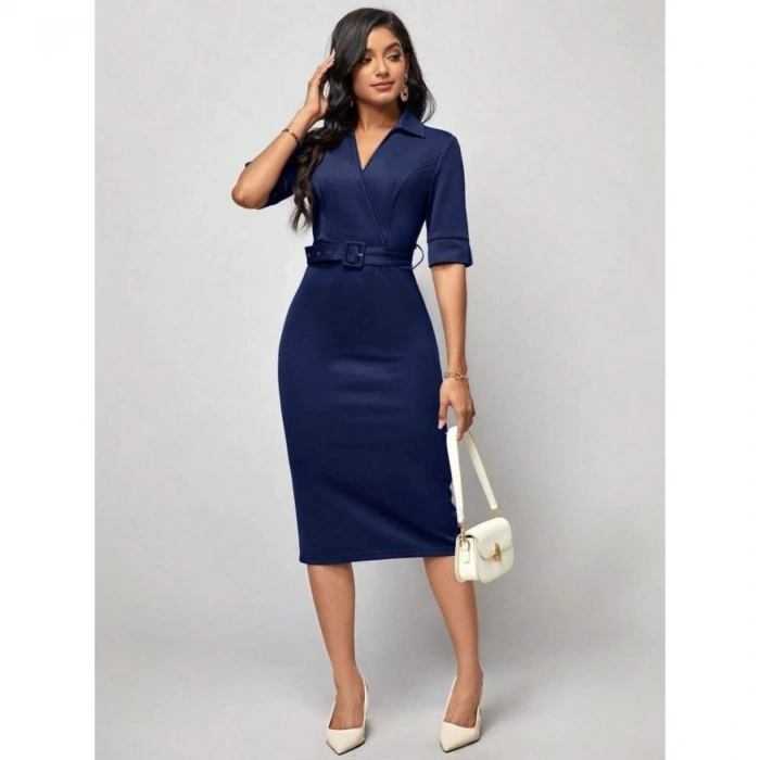 Kadın Kısa Kollu Yakalı Kruvaze Yakalı Beli Kemerli Midi Modal Elbise