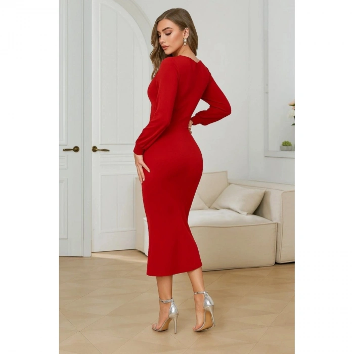 Kadın Uzun Kollu V Yakalı Yırtmaçlı Taşlı Uzun Ithal Krep Elbise