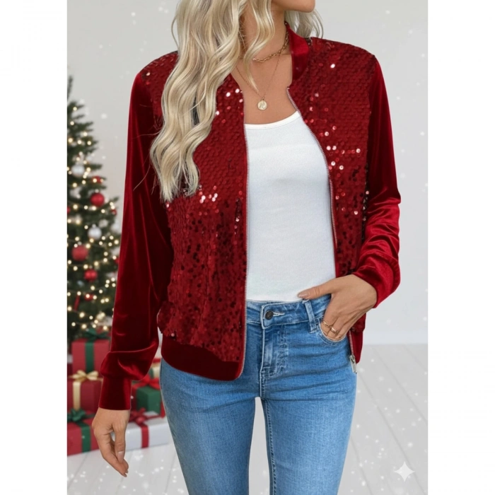 Kadın Uzun Kollu önü Açık Fermuarlı Pulpayetli Kadife Ceket