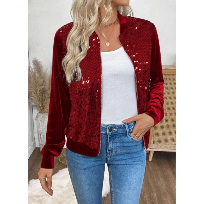 Kadın Uzun Kollu önü Açık Fermuarlı Pulpayetli Kadife Ceket