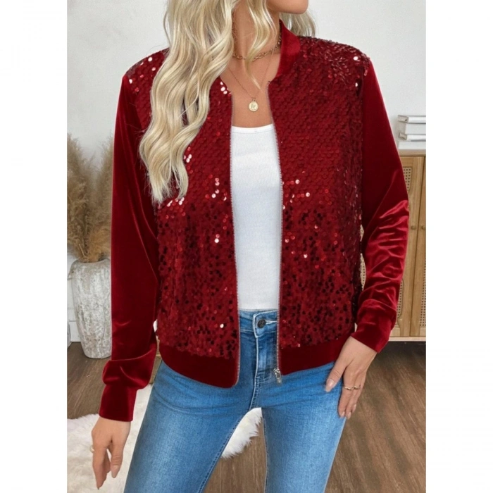 Kadın Uzun Kollu önü Açık Fermuarlı Pulpayetli Kadife Ceket