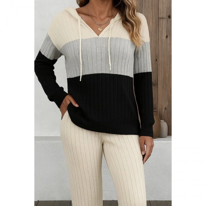 Kadın Uzun Kollu Kapşonlu Bağcıklı Blok Renkli şardonlu Kaşkorse Bluz Ve Pantolon Ikili Takım