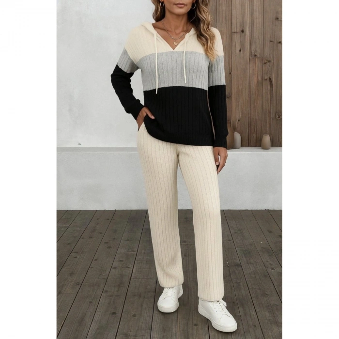 Kadın Uzun Kollu Kapşonlu Bağcıklı Blok Renkli şardonlu Kaşkorse Bluz Ve Pantolon Ikili Takım