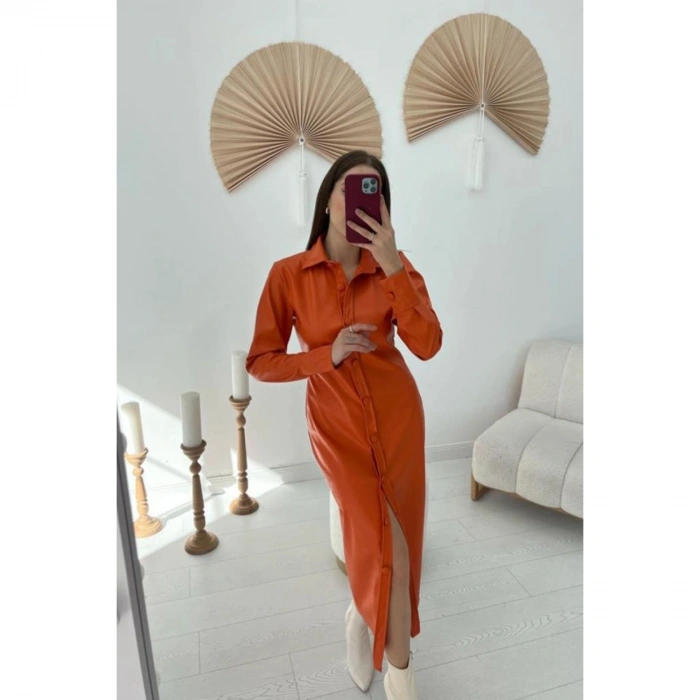 Pudra Boydan Düğmeli Deri Elbise