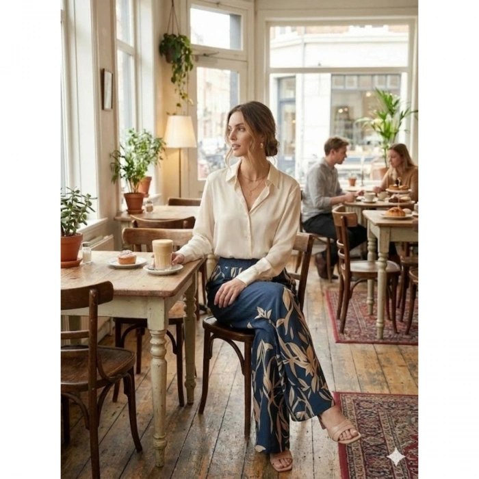 Kadın Yüksek Bel Yaprak Desenli Salaş Pantolon