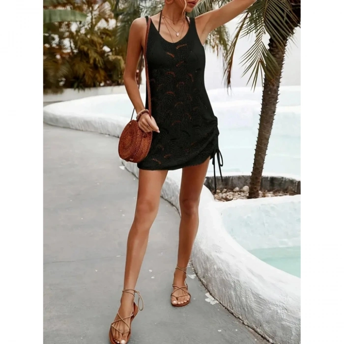 Kadın Kolsuz Derin Oval V Detaylı Iki Yanı Büzgülü Triko Pareo