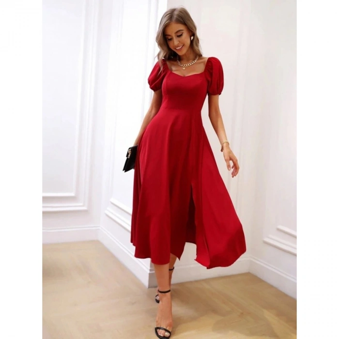 Kadın Kısa Kollu Kare Yakalı Yırtmaçlı Midi Janjan Krep Elbise