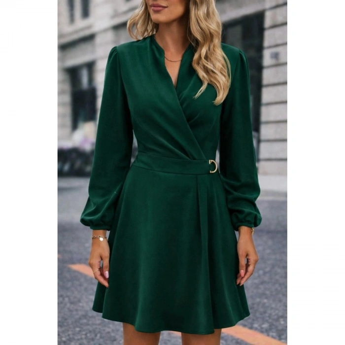 Kadın Uzun Kollu Hakim V Yakalı Yandan Toka Detaylı Ithal Mini Krep Elbise