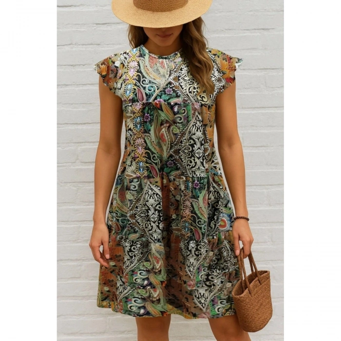 Kadın Kısa Kollu Kolları Fırfırlı Bisiklet Yakalı Kare Desenli Elbise