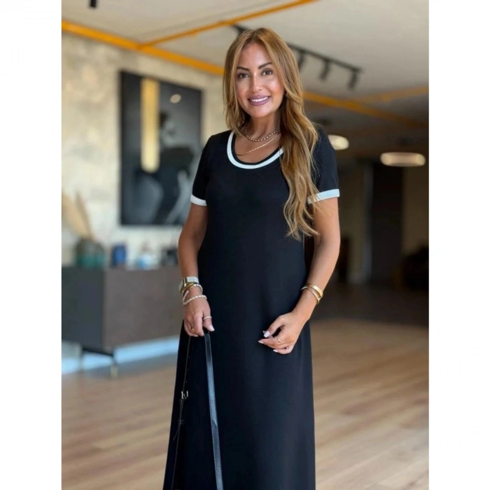 Kadın Kısa Kollu Yuvarlak Yaka Yandan Yırtmaçlı Midi Viskon Elbise