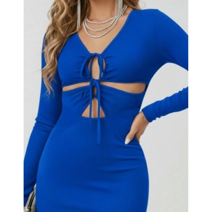 Kadın Uzun Kollu Göğüs Ve Göbek Dekolte Detay Sandy Midi Boy Elbise