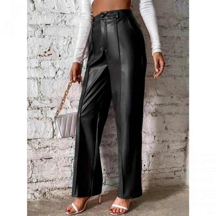 Kadın önden Fermuarlı Cepli Geniş Kesim Lame Deri Pantolon