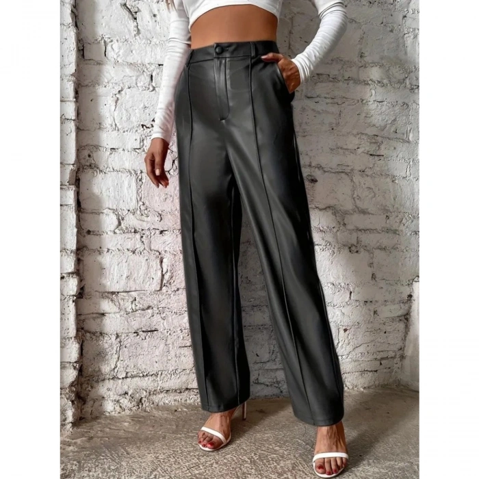 Kadın önden Fermuarlı Cepli Geniş Kesim Lame Deri Pantolon