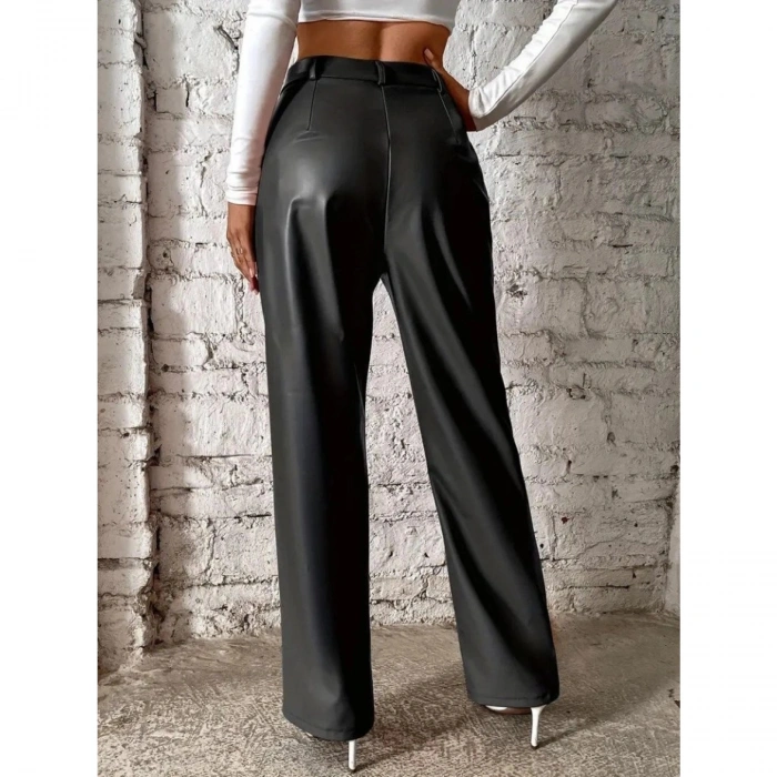 Kadın önden Fermuarlı Cepli Geniş Kesim Lame Deri Pantolon