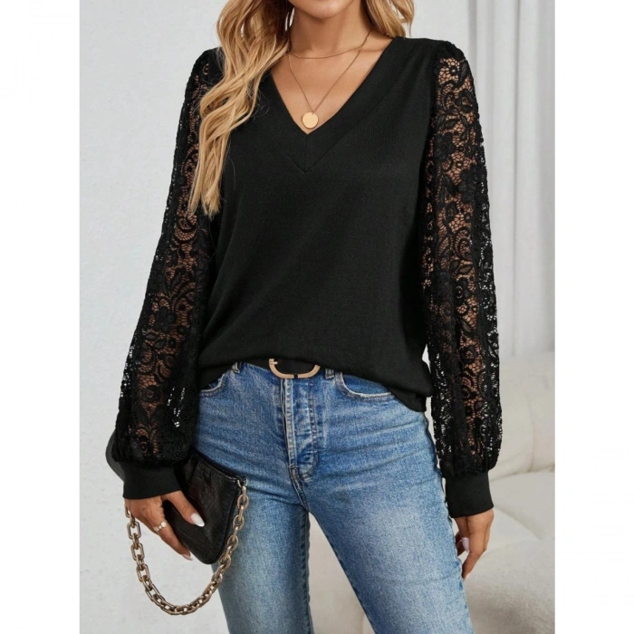 Kadın Uzun Kollu V Yakalı Dantelli Viskon Iki Iplik Bluz