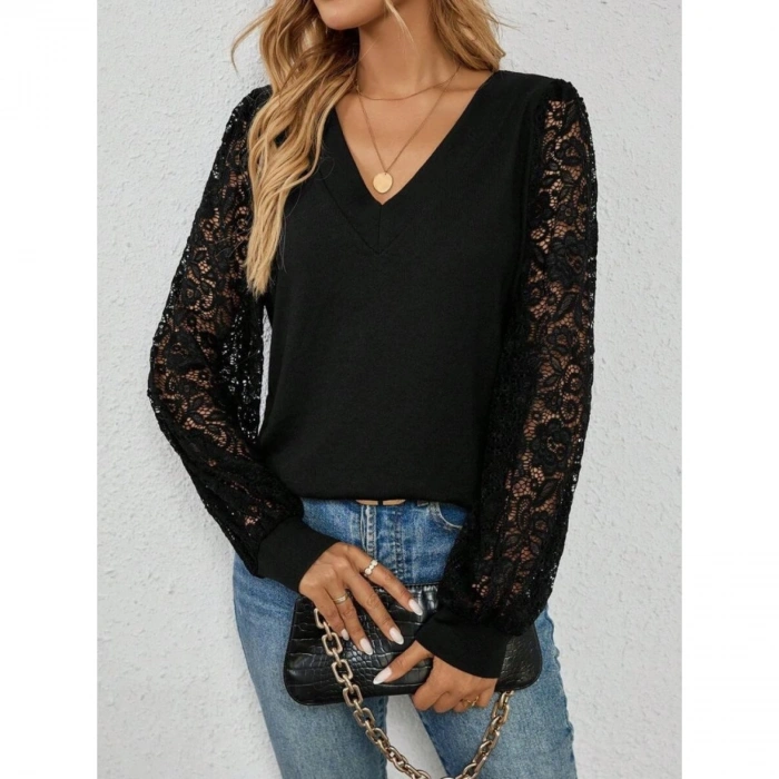 Kadın Uzun Kollu V Yakalı Dantelli Viskon Iki Iplik Bluz