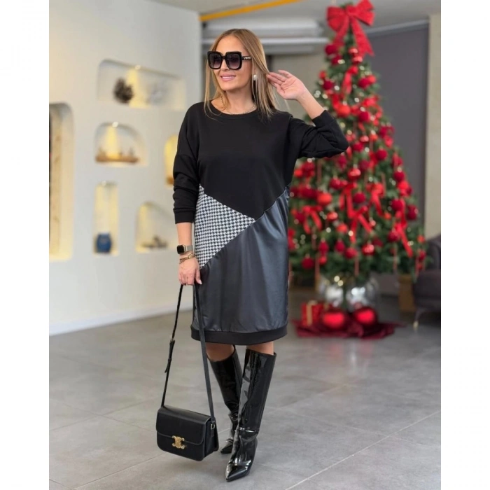 Kadın Uzun Kollu Bisiklet Yaka üç Parça Deri Ve Kazayağı Detay üç Iplik Kumaş şardonsuz Elbise