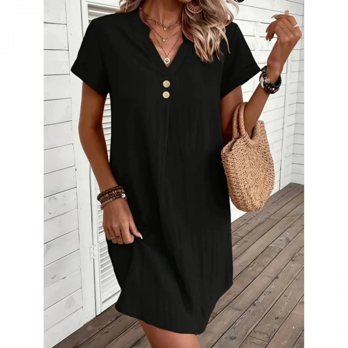 Kadın Kısa Kollu V Yakalı Düğmeli Müslim Kısa Elbise