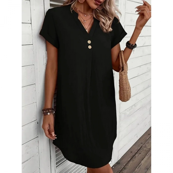 Kadın Kısa Kollu V Yakalı Düğmeli Müslim Kısa Elbise