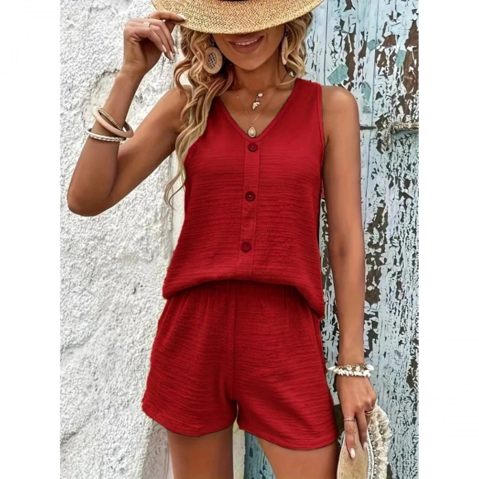 Kadın Askılı Kolsuz V Yakalı önden Düğmeli Bürümcük Bluz Ve Short Ikili Takım