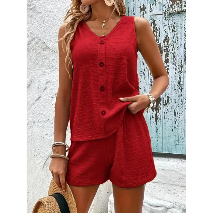 Kadın Askılı Kolsuz V Yakalı önden Düğmeli Bürümcük Bluz Ve Short Ikili Takım