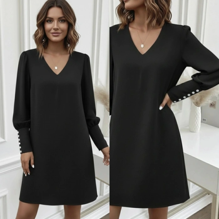 Kadın Uzun Kollu V Yakalı Kısa Ithal Krep Elbise