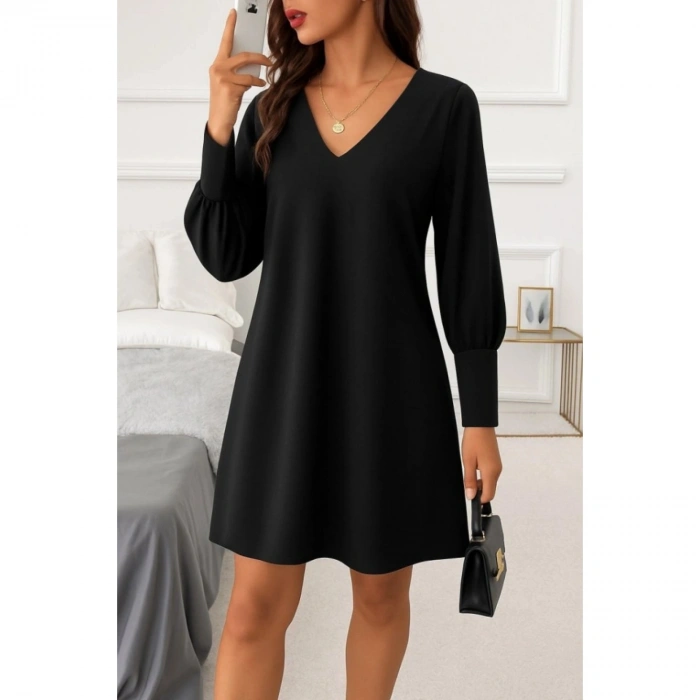 Kadın Uzun Kollu V Yakalı Kısa Ithal Krep Elbise