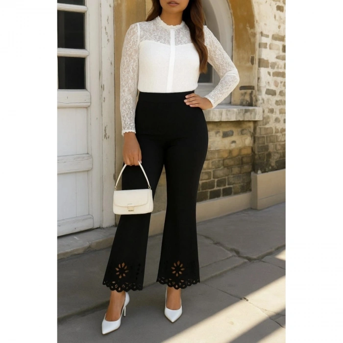 Kadın Yüksek Bel Paçaya Doğru Genişleyen Lazer çiçek Kesim Detaylı Ithal Krep Pantolon