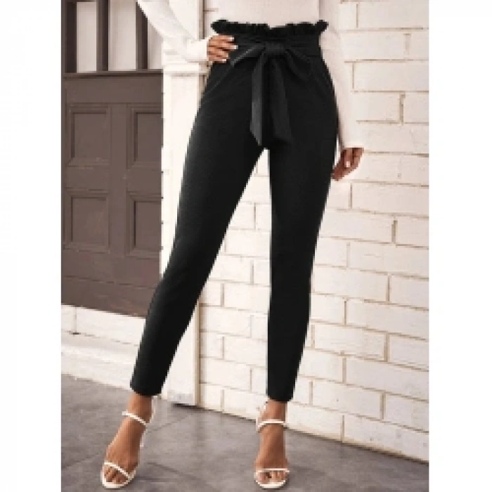 Kadın Yüksek Bel Beli Fırfırlı önden Bağlamalı Ithal Krep Pantolon