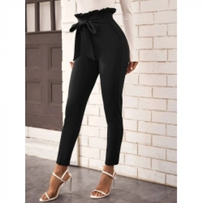 Kadın Yüksek Bel Beli Fırfırlı önden Bağlamalı Ithal Krep Pantolon