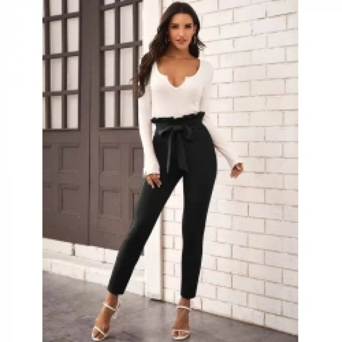 Kadın Yüksek Bel Beli Fırfırlı önden Bağlamalı Ithal Krep Pantolon